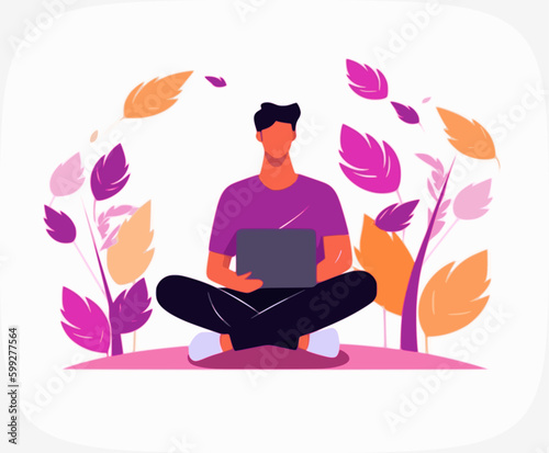 Young man outdoor with laptop vector illustration. Male model sitting on grass cartoon character. Guy using PC for study, work, leisure flat drawing. Freelance, remote job, studying design element