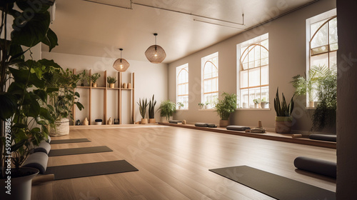 Serene Yoga Studio Interior with Natural Elements (generative AI)