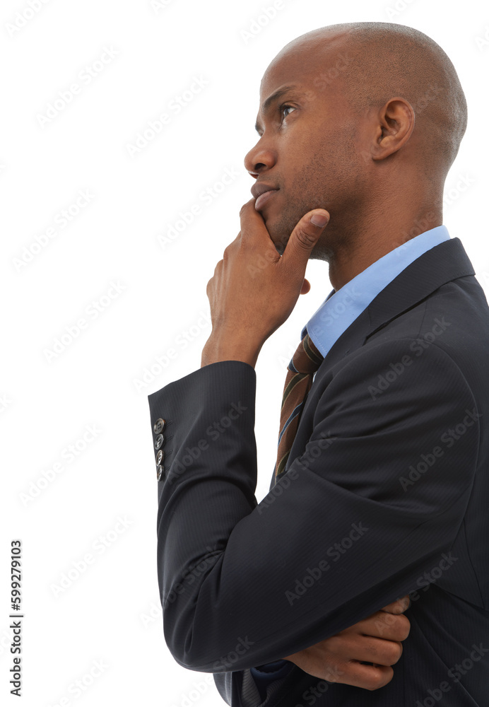 Waiting on another big business idea. A handsome young african american coming up with ideas on a white background.