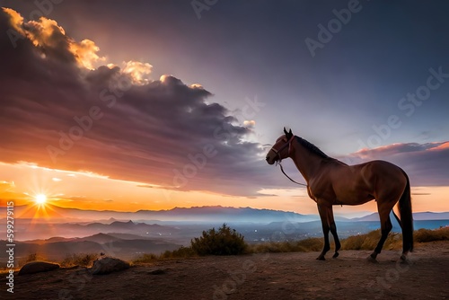Horse silhouette facing right with mountain range and colored sky in background. Christmas holiday. Generative AI © Pixel Matrix