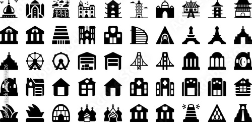 Landmark Icon Set Isolated Silhouette Solid Icons With Map, Icon, Symbol, Sign, Travel, Landmark, Vector Infographic Simple Vector Illustration