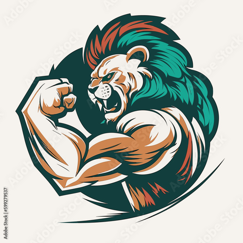 The figure of an athletic lion as a symbol of an exercising man. Sports coach. Fitness center gym. Hermit Dwarf Character. vector illustration, isolated background, label, sticker, t-shirt design