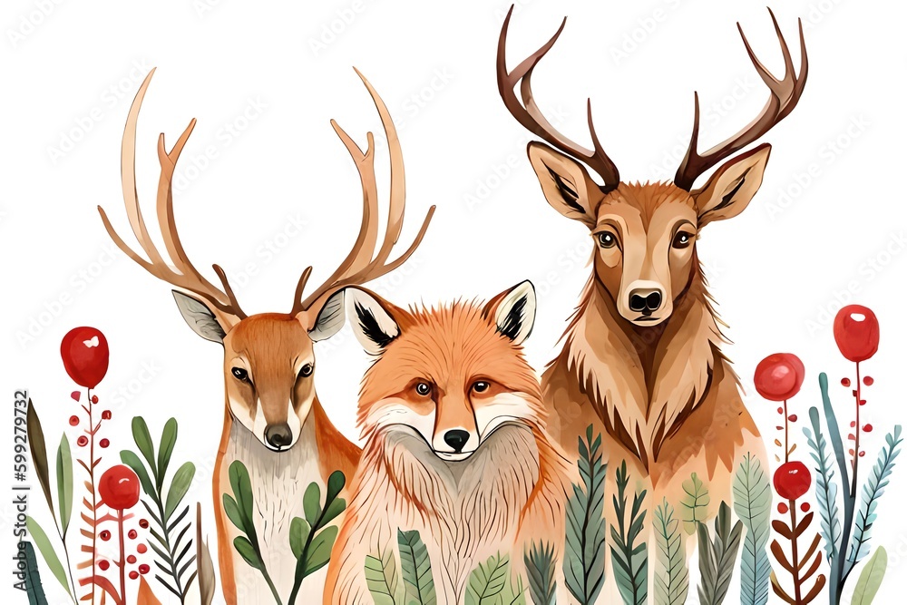 Watercolor set of cute hand-painted woodland wildlife: deer, moose, fox, bear, raccoon. Christmas holiday. Generative AI