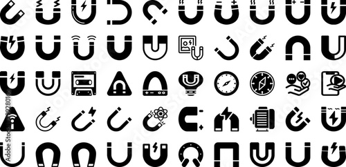 Magnet Icon Set Isolated Silhouette Solid Icons With Sign, Symbol, Illustration, Attraction, Magnet, Line, Icon Infographic Simple Vector Illustration