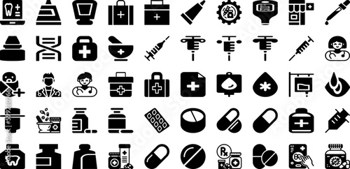 Medicine Icon Set Isolated Silhouette Solid Icons With Medical, Medicine, Sign, Vector, Symbol, Icon, Health Infographic Simple Vector Illustration