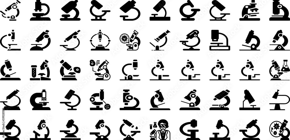 Microscope Icon Set Isolated Silhouette Solid Icons With Icon, Microscope, Sign, Biology, Research, Laboratory, Vector Infographic Simple Vector Illustration