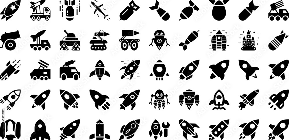 Missile Icon Set Isolated Silhouette Solid Icons With Icon, Technology, Missile, Rocket, Spaceship, Illustration, Vector Infographic Simple Vector Illustration