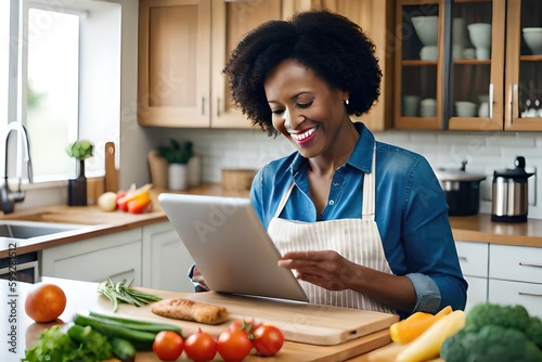 Innovative cooking: African woman embraces technology in the kitchen. Generated by AI © STORYTELLER