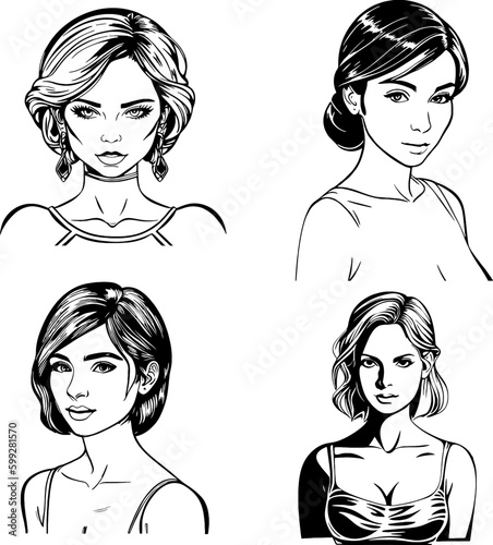 portraits of cute girl woman vector logo stencil 