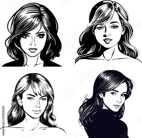 portraits of cute girl woman vector logo stencil 