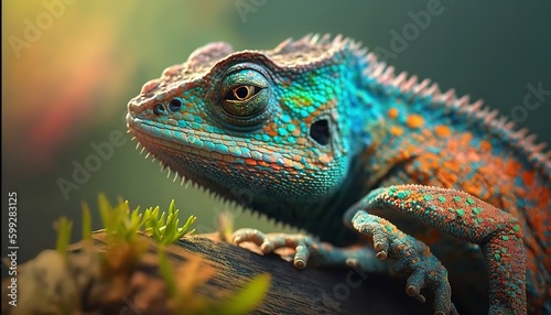 A colorful chameleon lizard is shown up close.   Generative Ai.