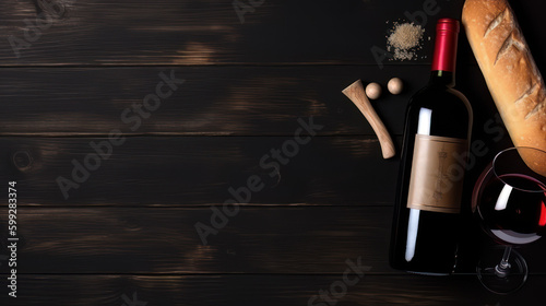 Red Wine bottle, corkscrew, cheese, wineglass, bread on black wood background, top view, copy space. Wine bottle mockup top view