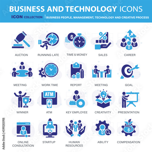 Business, data analysis, organization management and technology icon set. Business people, management, technology, creative process icon set. Icons vector collection