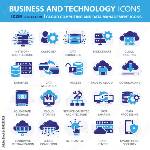 Technology, cloud computing and data management icon set. Mobile, computing, connections, cloud and networking icon set. Icons vector collection