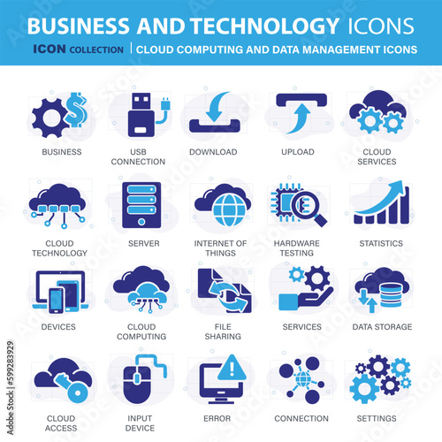 Technology, cloud computing and data management icon set. Mobile, computing, connections, cloud and networking icon set. Icons vector collection