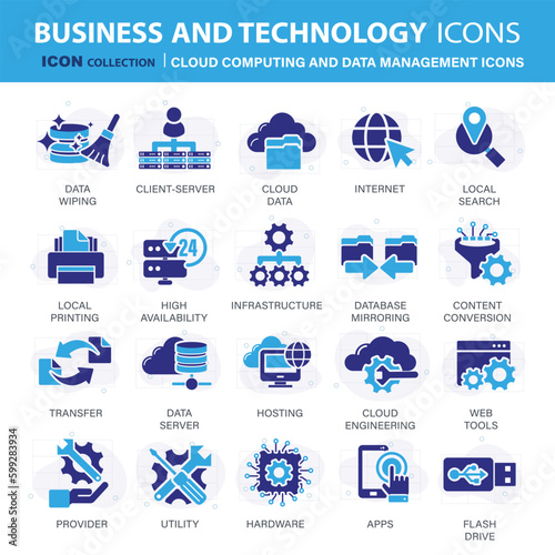 Technology, cloud computing and data management icon set. Mobile, computing, connections, cloud and networking icon set. Icons vector collection