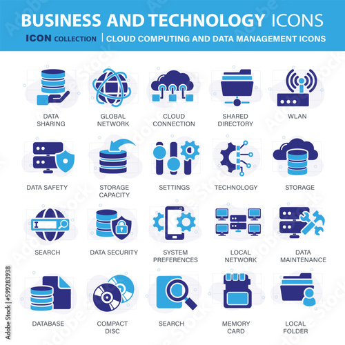 Technology, cloud computing and data management icon set. Mobile, computing, connections, cloud and networking icon set. Icons vector collection
