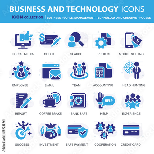 Business, data analysis, organization management and technology icon set. Business people, management, technology, creative process icon set. Icons vector collection	