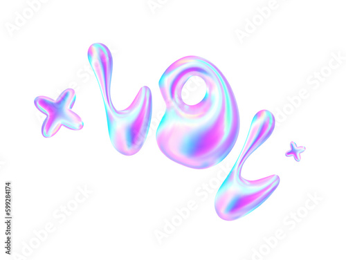 3d render lol text hologram sticker. Liquid rainbow design element. Cartoon vector illustration