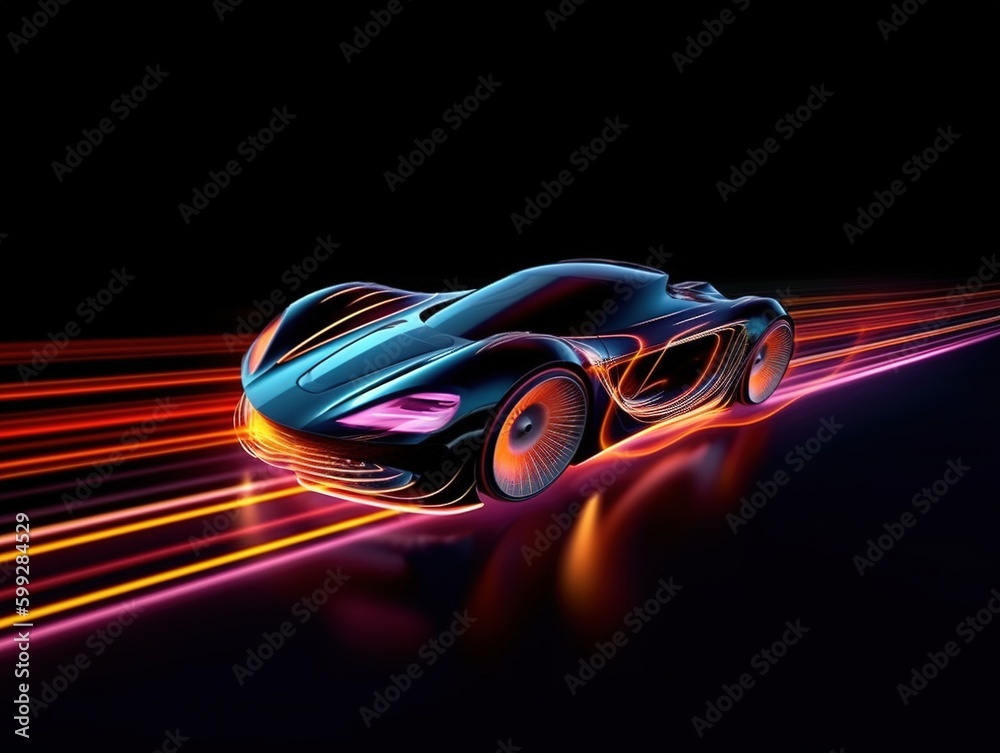 futuristic sports car driving with blue colors and blue orange lights.