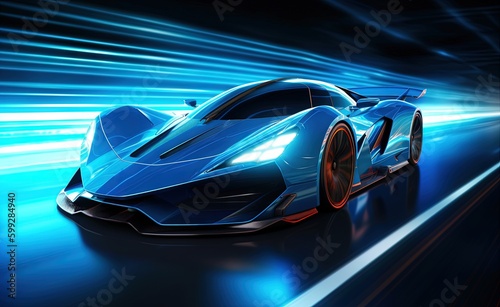 futuristic sports car driving with blue colors and blue lights. © Ирина Малышкина