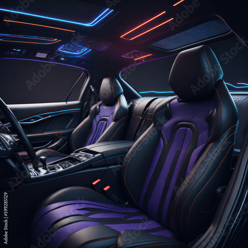 Car interior illustration  at night, with led lights for the best possible visual atmosphere. Ai generated. © pozitivo