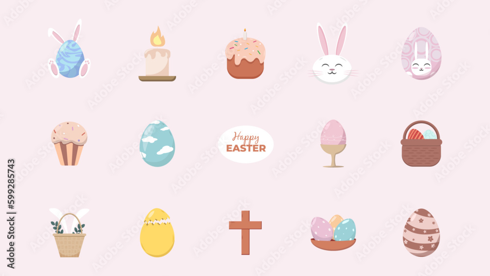 15 Happy Easter Icons. 15 Easter Icons. Icons include rabbits, buskets, eggs, candle, easter cake. Vector illustrations.