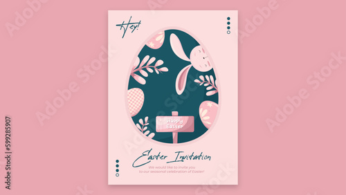Happy Easter Invitation Poster. Easter Holiday Invitation Poster with eggs, rabbits and spring stuff. Vector Graphic Template. All text layers are editable.