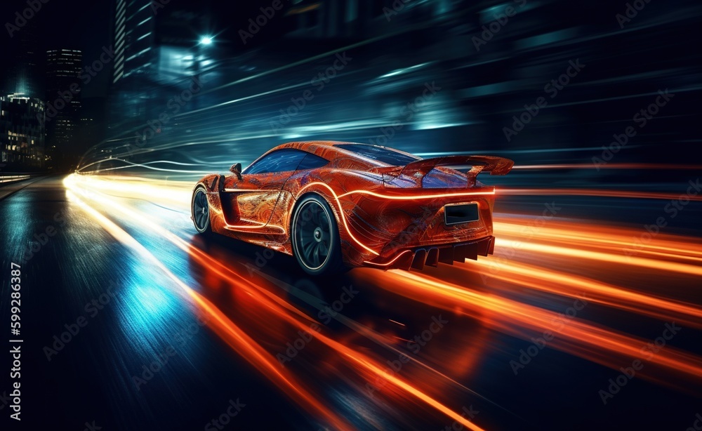 futuristic sports car driving with blue colors and blue orange lights.