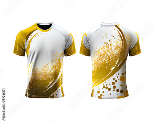Mock up white jersey with gold and grey splash pattern and chest shape, isolated for object and retouch design on transparent background. Generative AI.
