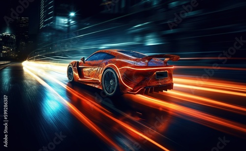 futuristic sports car driving with blue colors and blue orange lights. © Ирина Малышкина