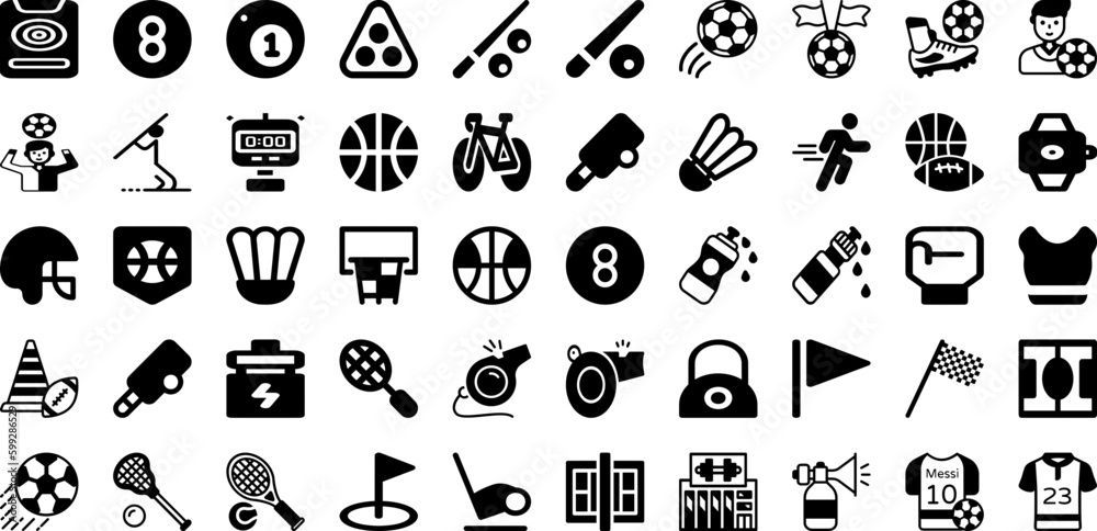 Naklejka premium Sports Icon Set Isolated Silhouette Solid Icons With Football, Sport, Symbol, Tennis, Icon, Vector, Set Infographic Simple Vector Illustration