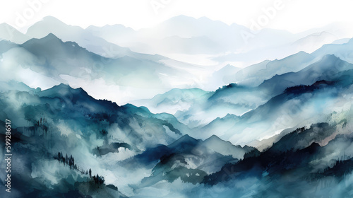 Blue mountains and clouds, watercolor illustration, art  © Joyce