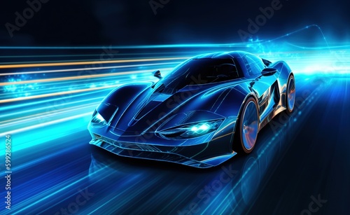 futuristic sports car driving with blue colors and blue lights. © Ирина Малышкина