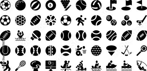 Sports Icon Set Isolated Silhouette Solid Icons With Symbol, Football, Icon, Sport, Set, Vector, Tennis Infographic Simple Vector Illustration