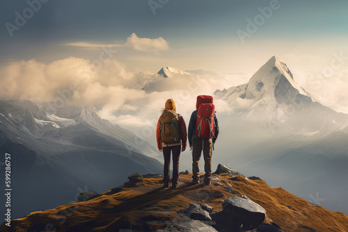 A couple of hikers in the clouds at the top of a mountain - made with generative ai
