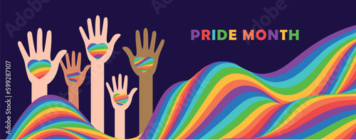 LGBT Pride Month banner. Rainbow wave shape color and human hands. Trendy backdrop for banner, poster, flyer, website