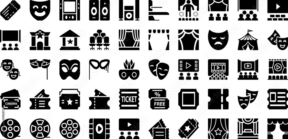 Theater Icon Set Isolated Silhouette Solid Icons With Sign, Symbol, Illustration, Entertainment, Vector, Icon, Theater Infographic Simple Vector Illustration - obrazy, fototapety, plakaty 