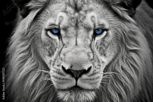 black and white lion with blue eyes- made with generative ai
