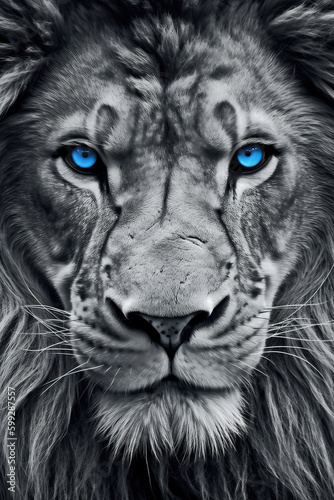 black and white lion with blue eyes iphone wallpaper- made with generative ai