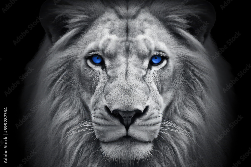 black and white lion with blue eyes- made with generative ai