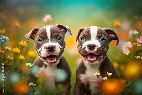 Cute Pit bull cubs sitting in a field of colourful flowers background, Generative AI