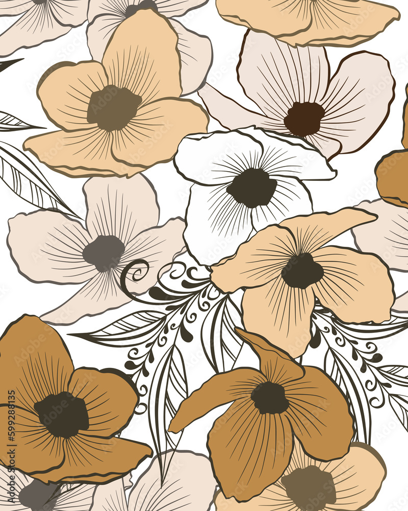 Fototapeta Delicate vintage blooming flowers in beige shades seamless pattern