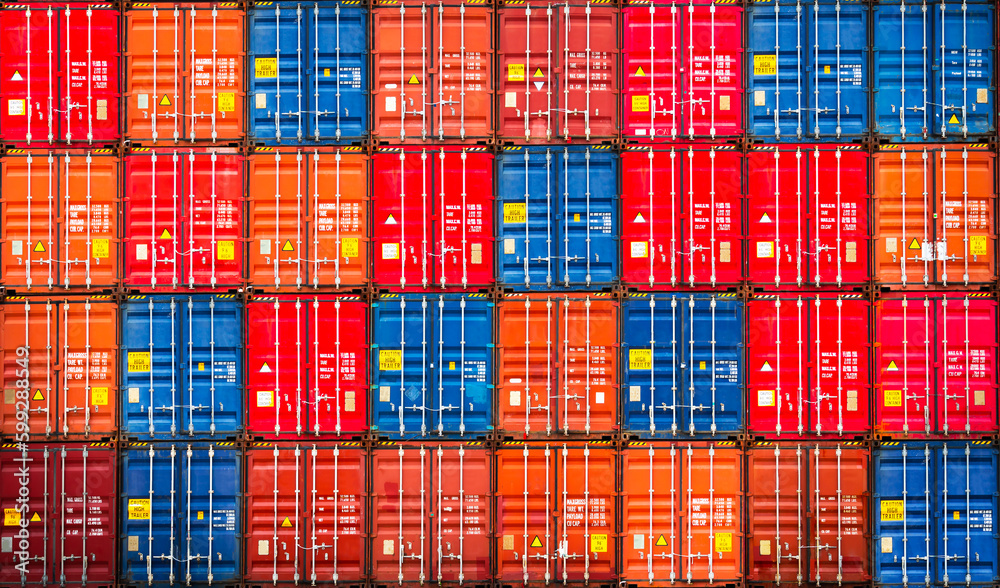 A Wall of Stacked Containers Cargo Shipping. Handling of Logistic