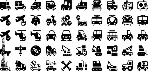 Vehicle Icon Set Isolated Silhouette Solid Icons With Line, Transportation, Vehicle, Car, Symbol, Icon, Transport Infographic Simple Vector Illustration © Arju
