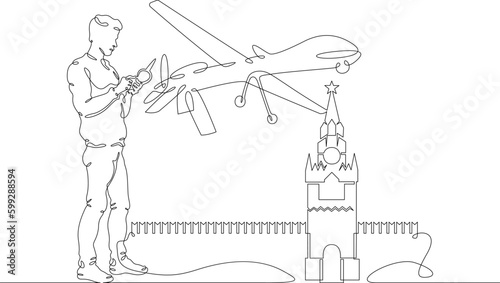 One continuous line. Drone attack. UAV attack. Red Square. Moscow Kremlin. Air attack.One continuous line drawn isolated, white background.