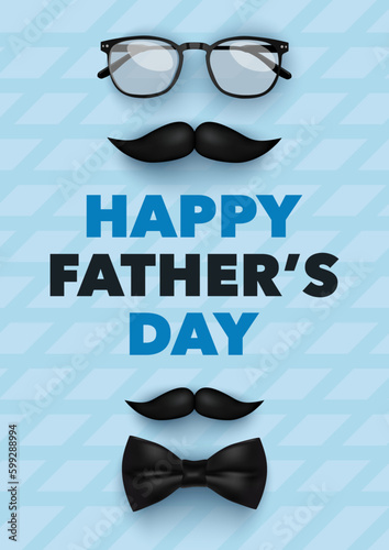 Happy Father's Day poster with glasses, moustache, bow tie and black heart at blue background. Vector for for banner, poster, sale, promo, discount, website social media, flyer, brochure, event, ads