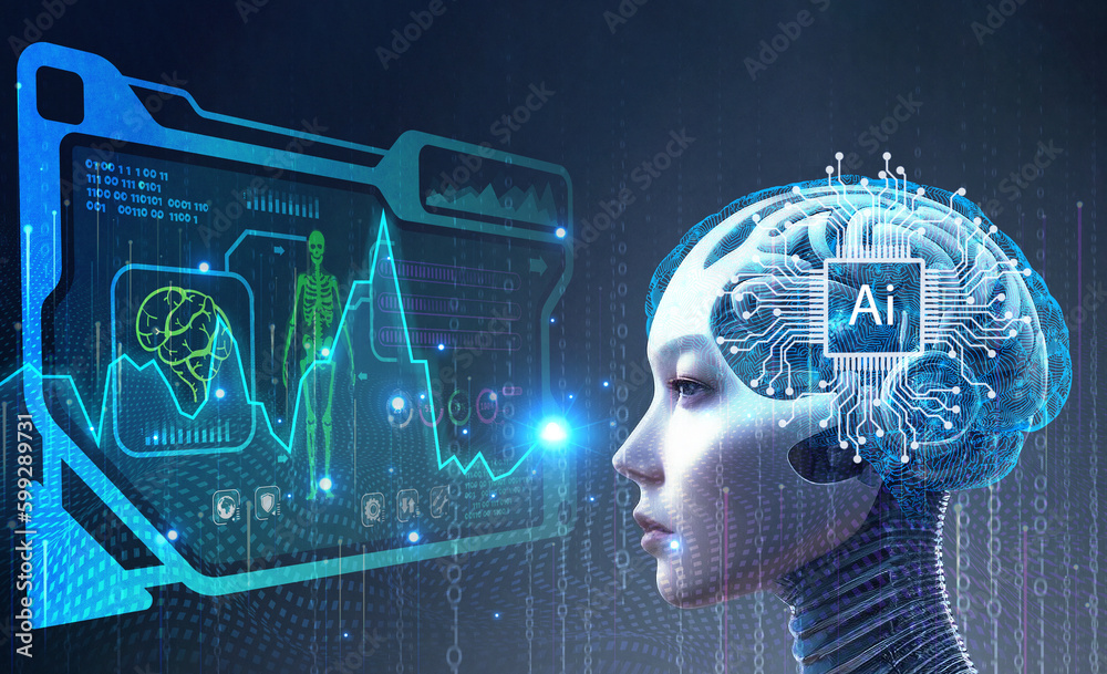 Human Robots Look At Screens Of Health Big Data Network Connection Human Robots Look At Screens Of Health Big Data Network Connection