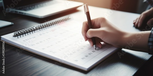 Event planner agenda organizing by organizer schedule. Business man hand note on notebook with calendar planner on office table With Generative AI technology © LaxmiOwl