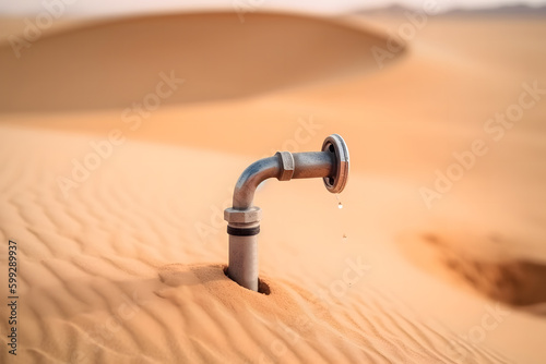 Generative AI illustration of metal water pipe placed in sandy dune in desert representing concept of climate change